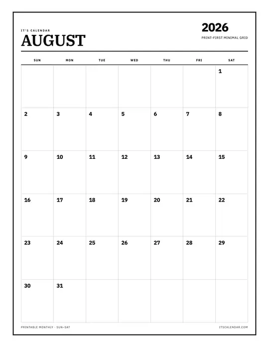 Printable August 2026 calendar — click to enlarge Printable August 2026 calendar preview