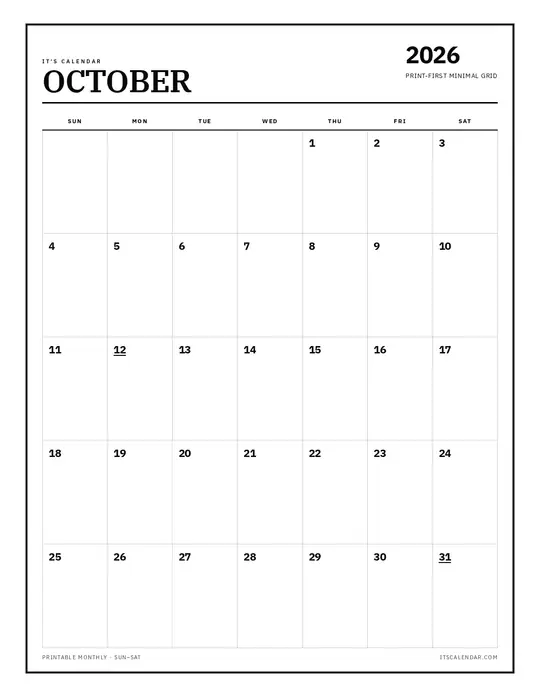 Printable October 2026 calendar — It's Calendar — Classic Black & White template Printable October 2026 calendar — It's Calendar — Classic Black & White template