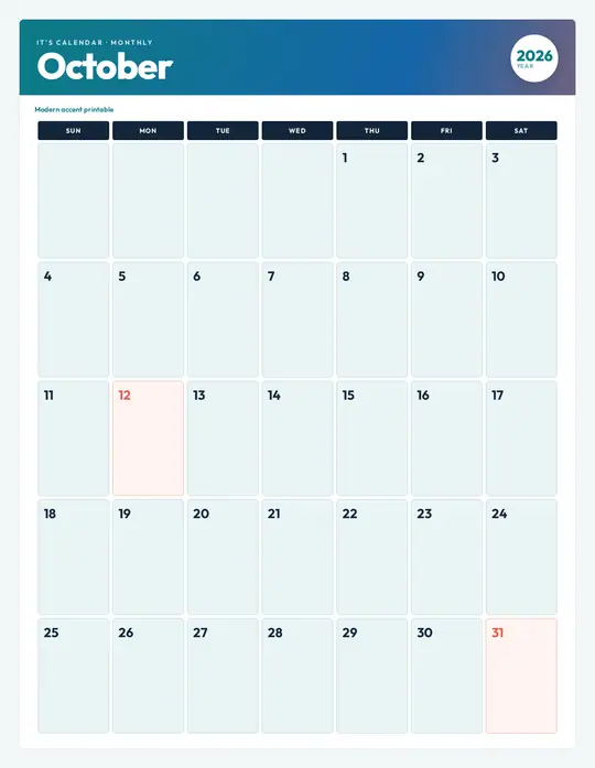 Printable October 2026 calendar — It's Calendar — Modern Color template Printable October 2026 calendar — It's Calendar — Modern Color template