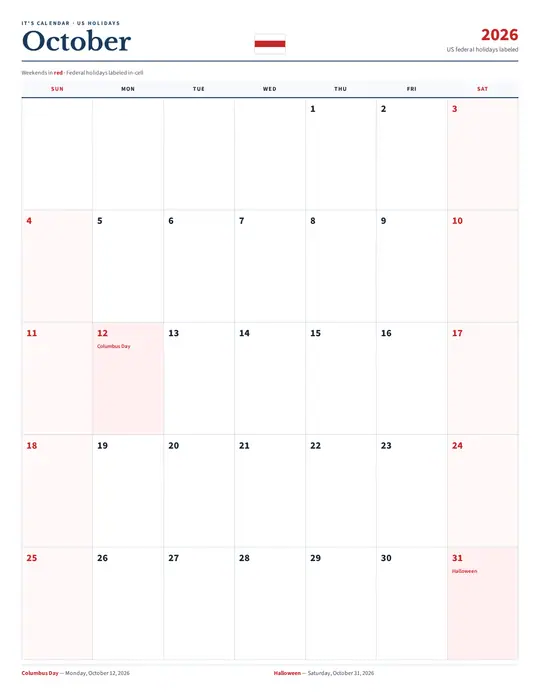 Printable October 2026 calendar — It's Calendar — US Holidays Marked template Printable October 2026 calendar — It's Calendar — US Holidays Marked template