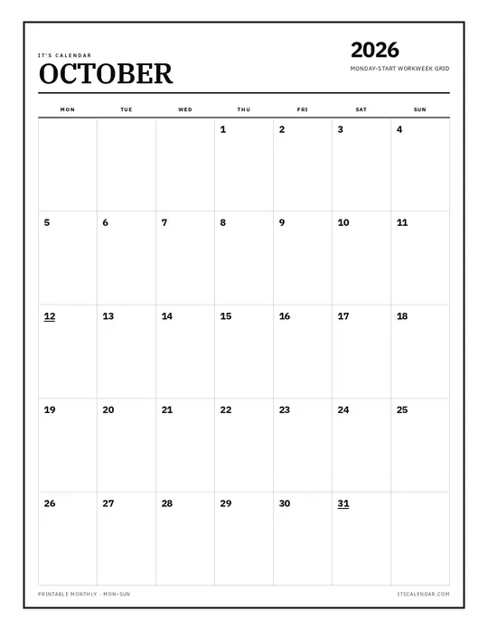 Printable October 2026 calendar — It's Calendar — Monday Start template Printable October 2026 calendar — It's Calendar — Monday Start template