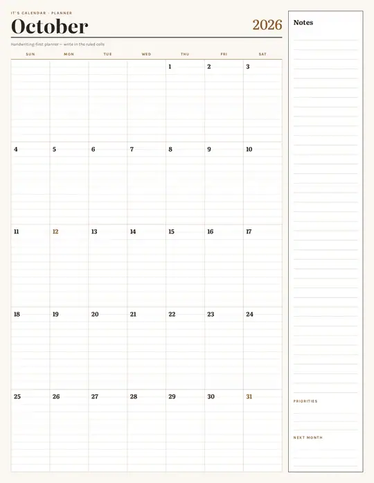 Printable October 2026 calendar — It's Calendar — Notes Planner template Printable October 2026 calendar — It's Calendar — Notes Planner template