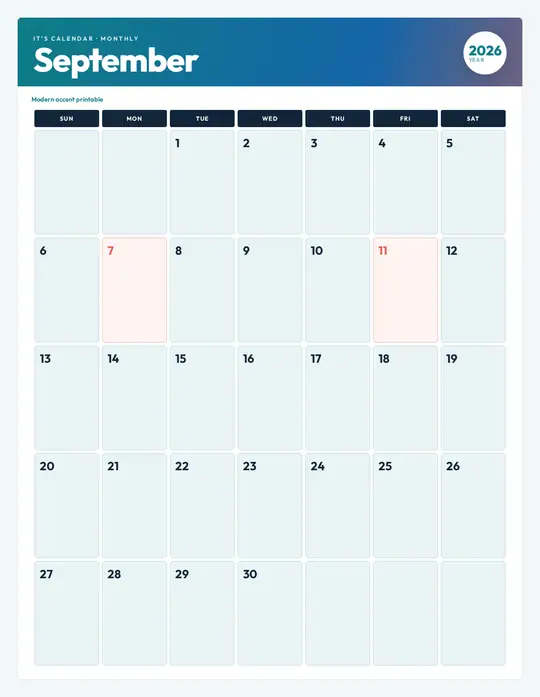Printable September 2026 calendar — It's Calendar — Modern Color template Printable September 2026 calendar — It's Calendar — Modern Color template