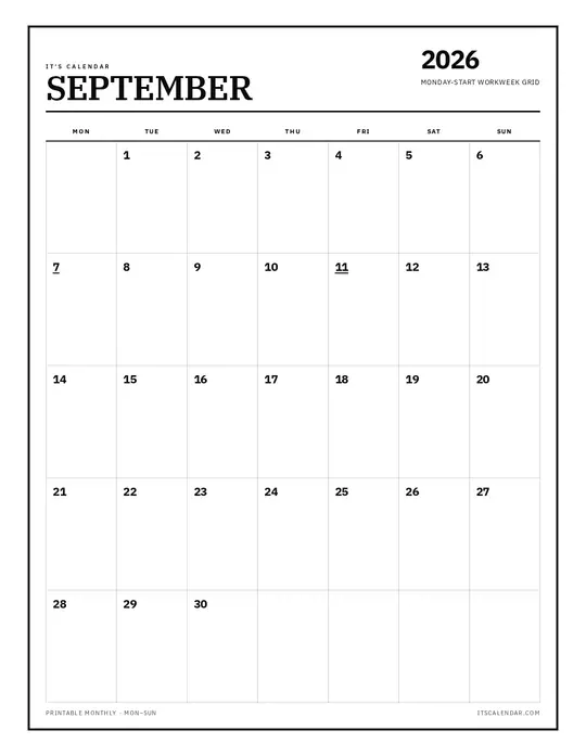 Printable September 2026 calendar — It's Calendar — Monday Start template Printable September 2026 calendar — It's Calendar — Monday Start template