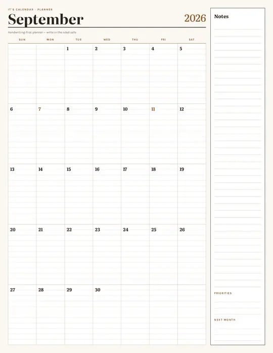 Printable September 2026 calendar — It's Calendar — Notes Planner template Printable September 2026 calendar — It's Calendar — Notes Planner template