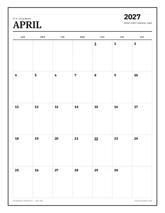Printable April 2027 calendar — It's Calendar — Classic Black & White template Printable April 2027 calendar — It's Calendar — Classic Black & White template