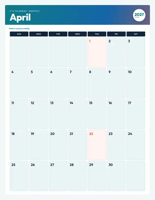 Printable April 2027 calendar — It's Calendar — Modern Color template Printable April 2027 calendar — It's Calendar — Modern Color template