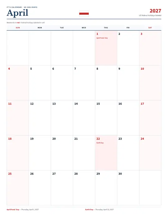 Printable April 2027 calendar — It's Calendar — US Holidays Marked template Printable April 2027 calendar — It's Calendar — US Holidays Marked template