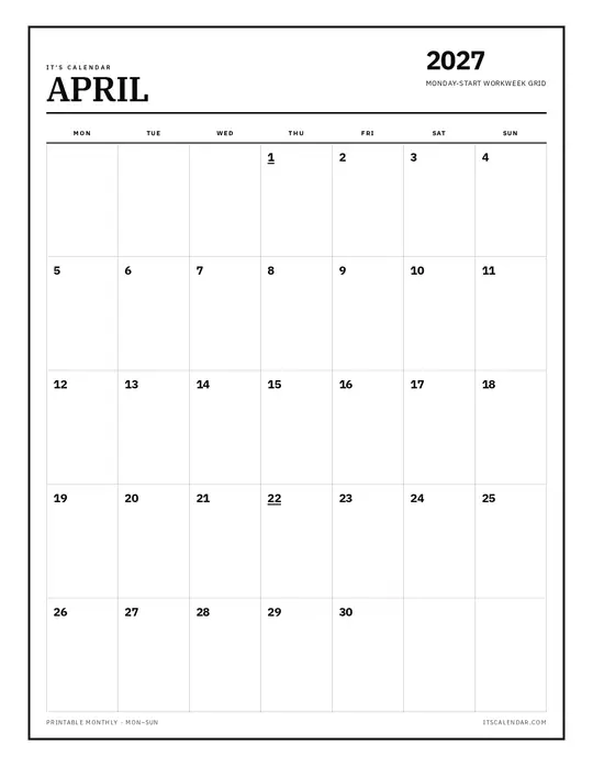 Printable April 2027 calendar — It's Calendar — Monday Start template Printable April 2027 calendar — It's Calendar — Monday Start template
