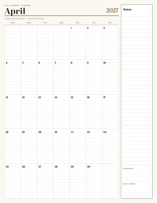 Printable April 2027 calendar — It's Calendar — Notes Planner template Printable April 2027 calendar — It's Calendar — Notes Planner template
