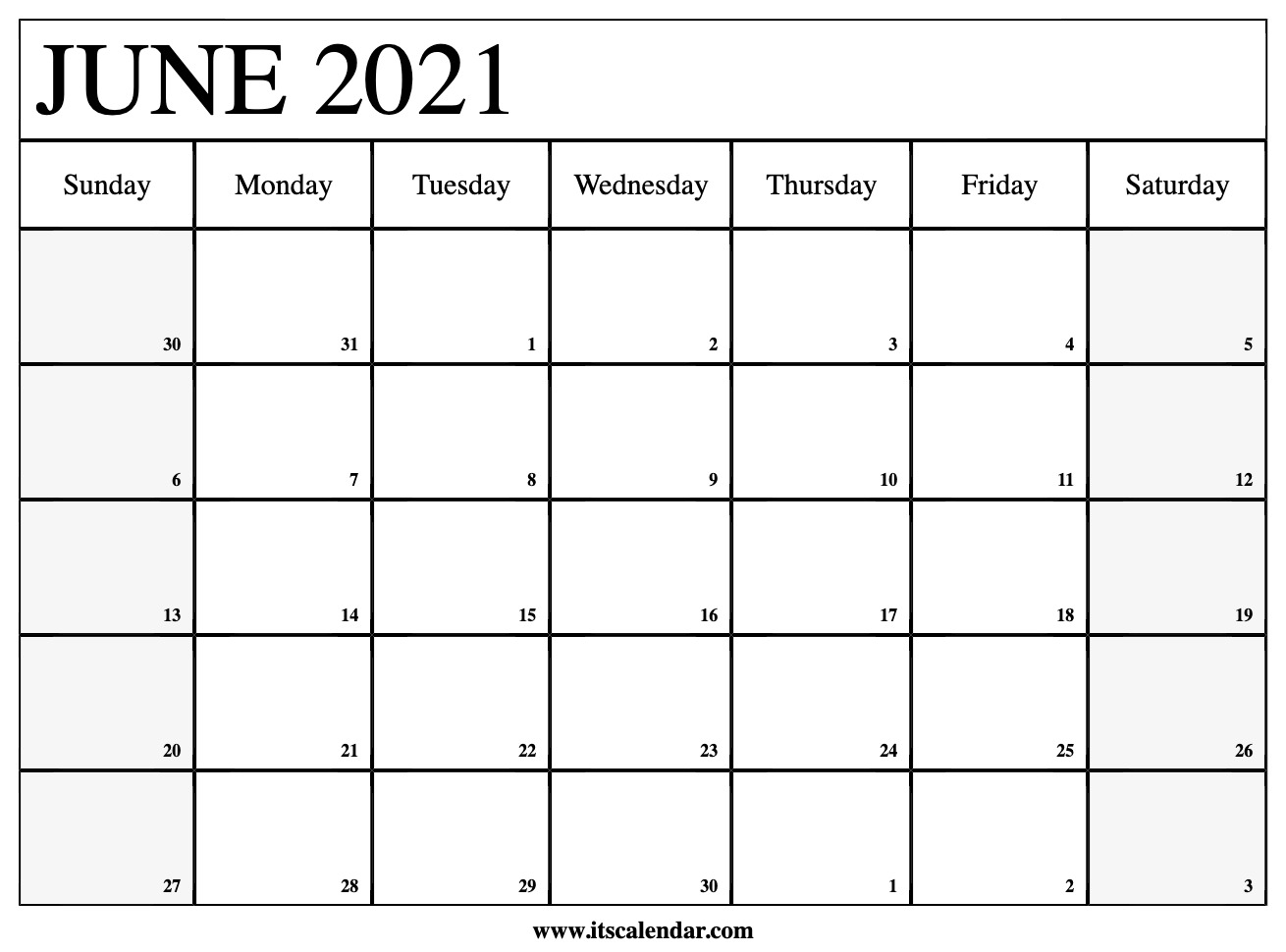 Printable Monthly Calendar June 2021