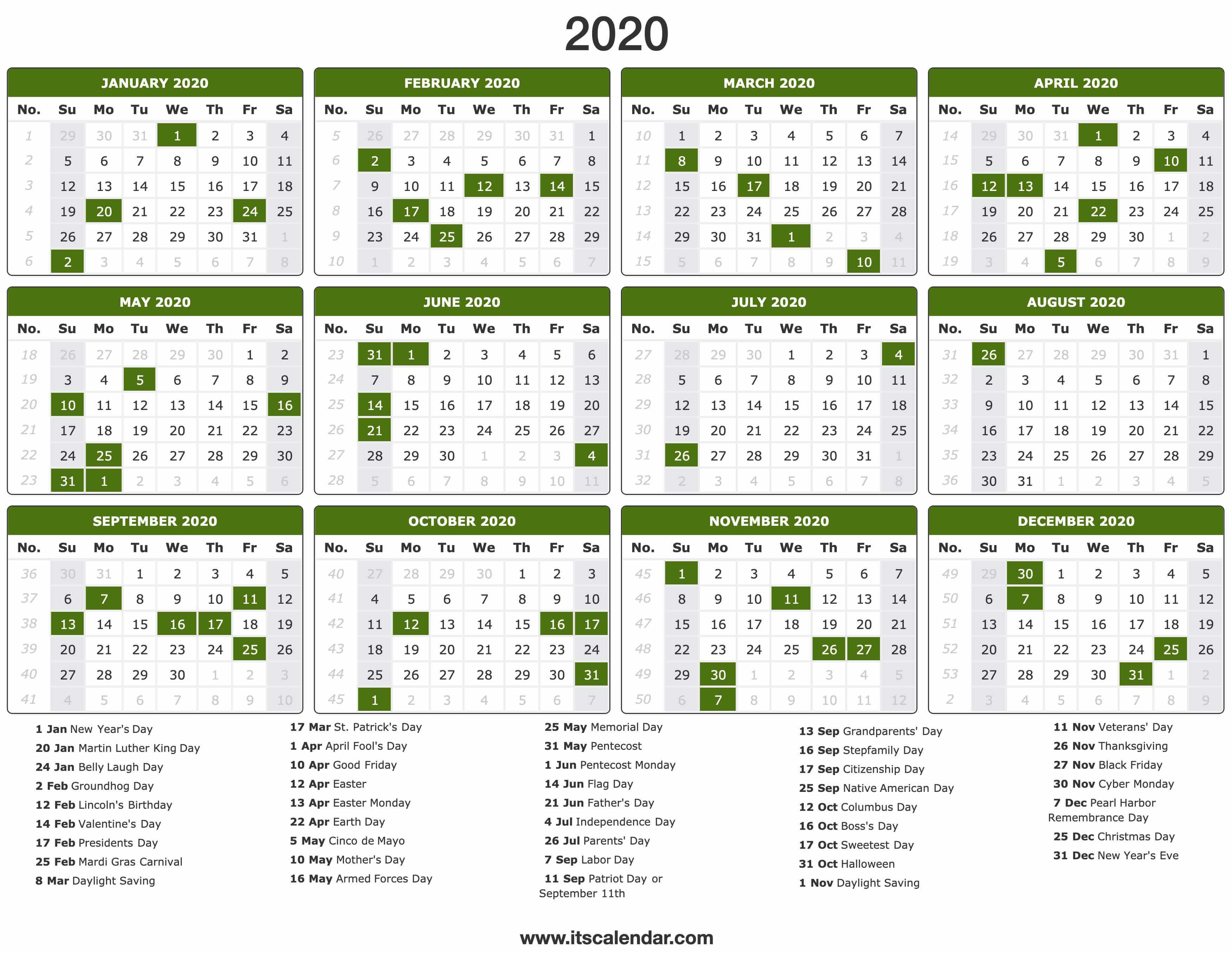 Printable Calendar with Holidays 2020